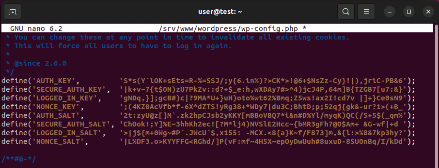 Configuration file wp-config.php with new key entries Configuration file wp-config.php with new key entries
