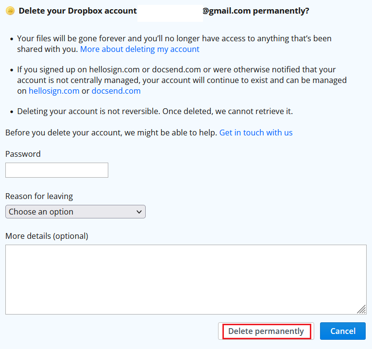 Dialog box: Permanently delete Dropbox account Dialog box: Permanently delete Dropbox account