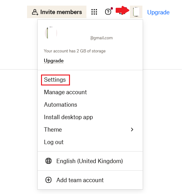 The Dropbox user profile account page The Dropbox user profile account page