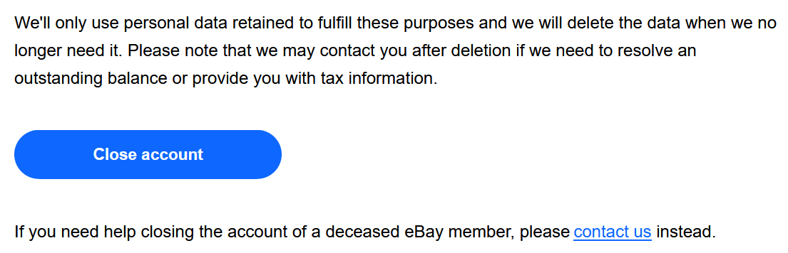 Screenshot of eBay’s help page for closing accounts Screenshot of eBay’s help page for closing accounts