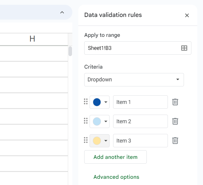 Google Sheets: Example of drop-down elements Google Sheets: Example of drop-down elements