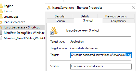 Icarus server: Shortcut and properties Image: Icarus server: Shortcut and properties