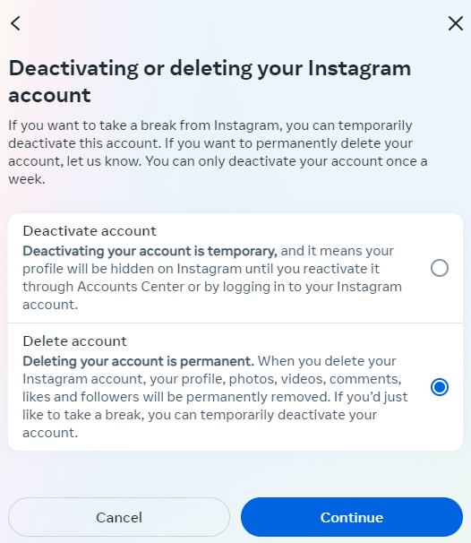 Choose “Delete account” Choose “Delete account”