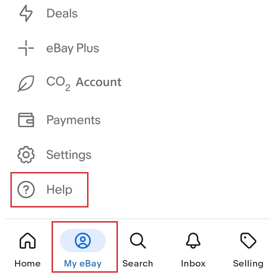 Screenshot of the help option in the Android version of the My eBay app menu Screenshot of the help option in the Android version of the My eBay app menu