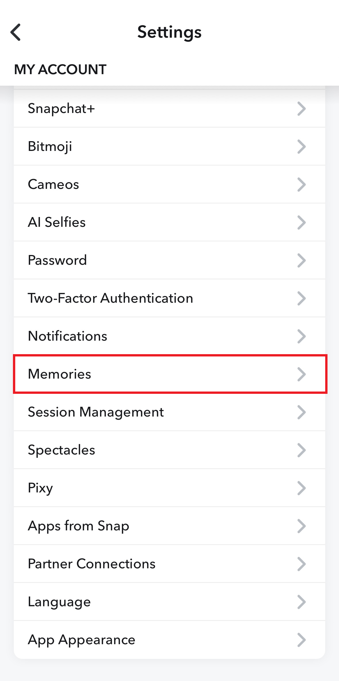 Memory settings in Snapchat profile Memory settings in Snapchat profile