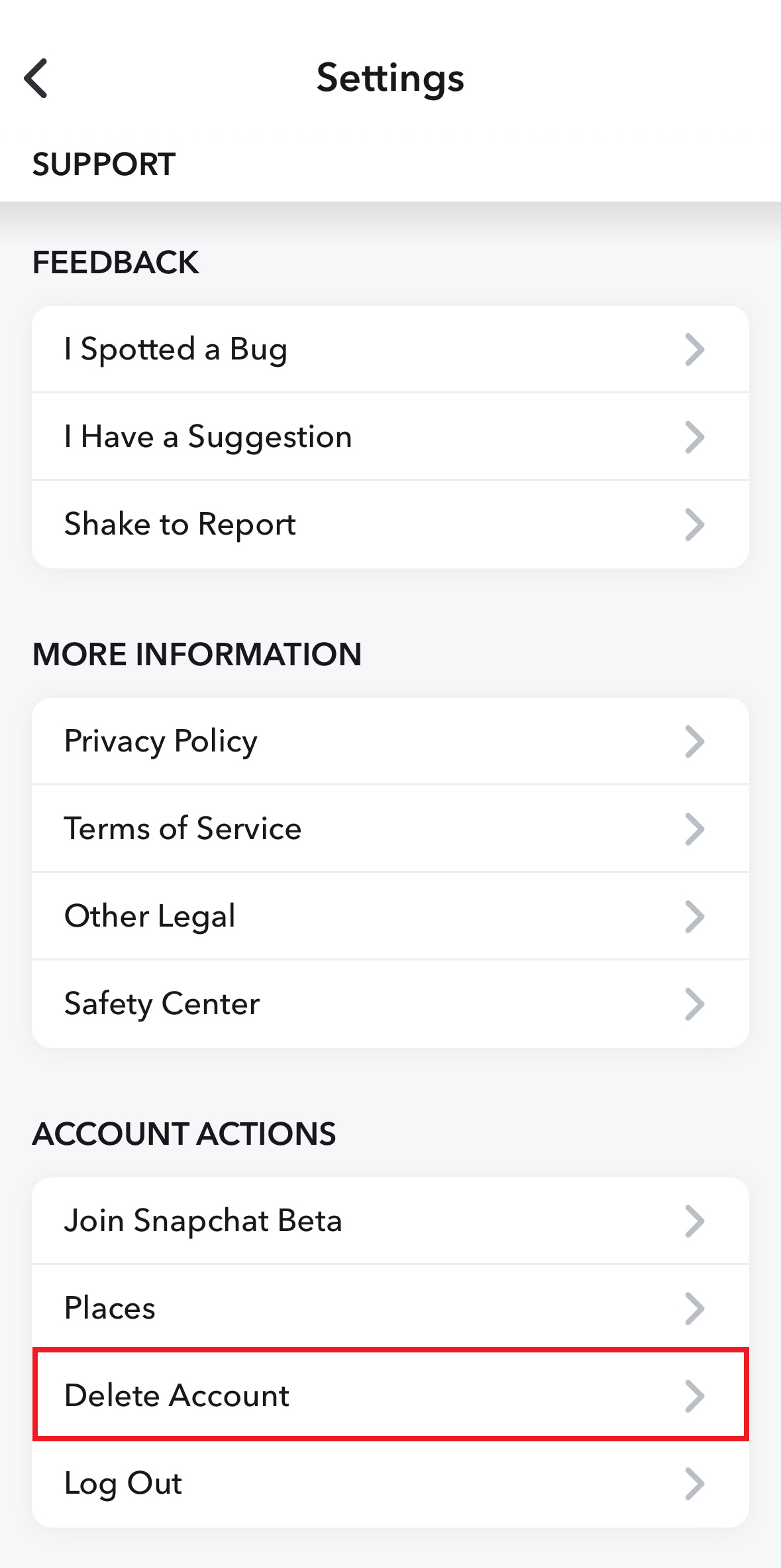 Account actions in Snapchat Settings Account actions in Snapchat Settings