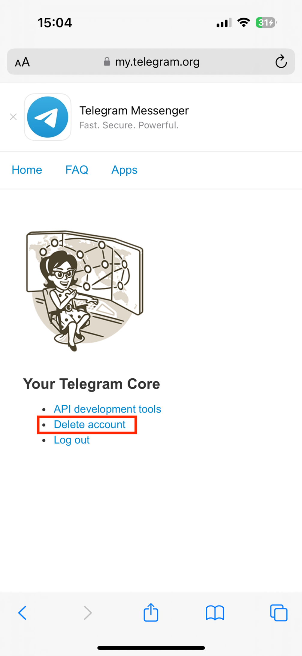 “Delete account” in the “Your Telegram Core” area Image: “Delete account” in the “Your Telegram Core” area