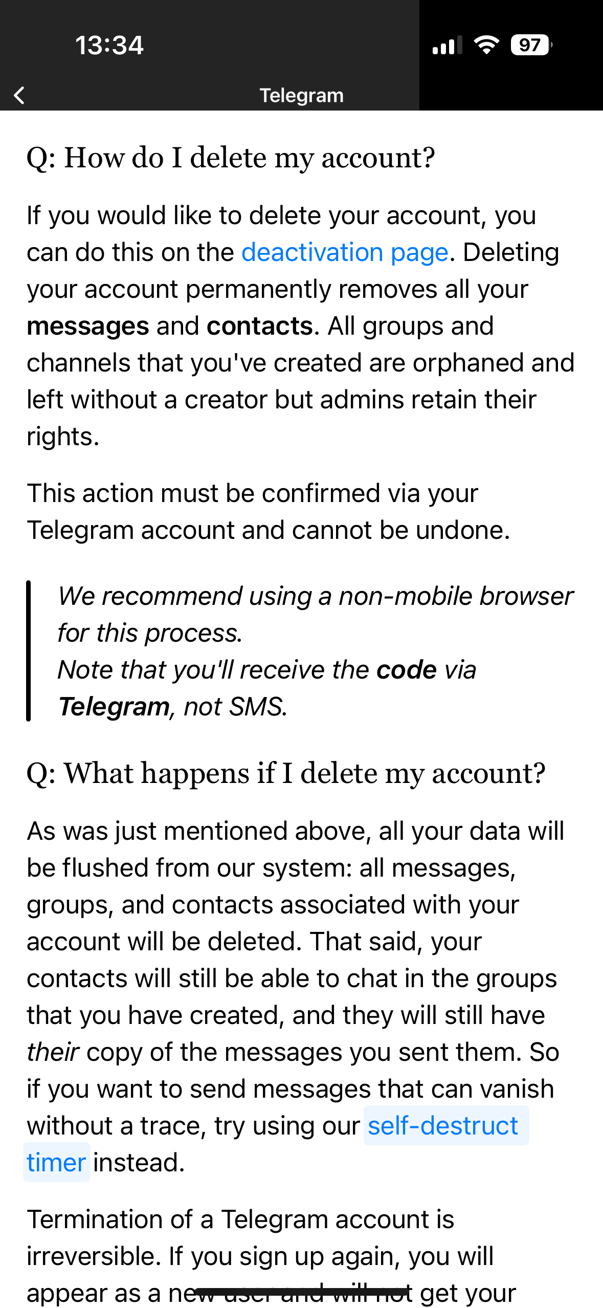 Telegram app FAQ item “How do I delete my account” Image: Telegram app FAQ item “How do I delete my account”