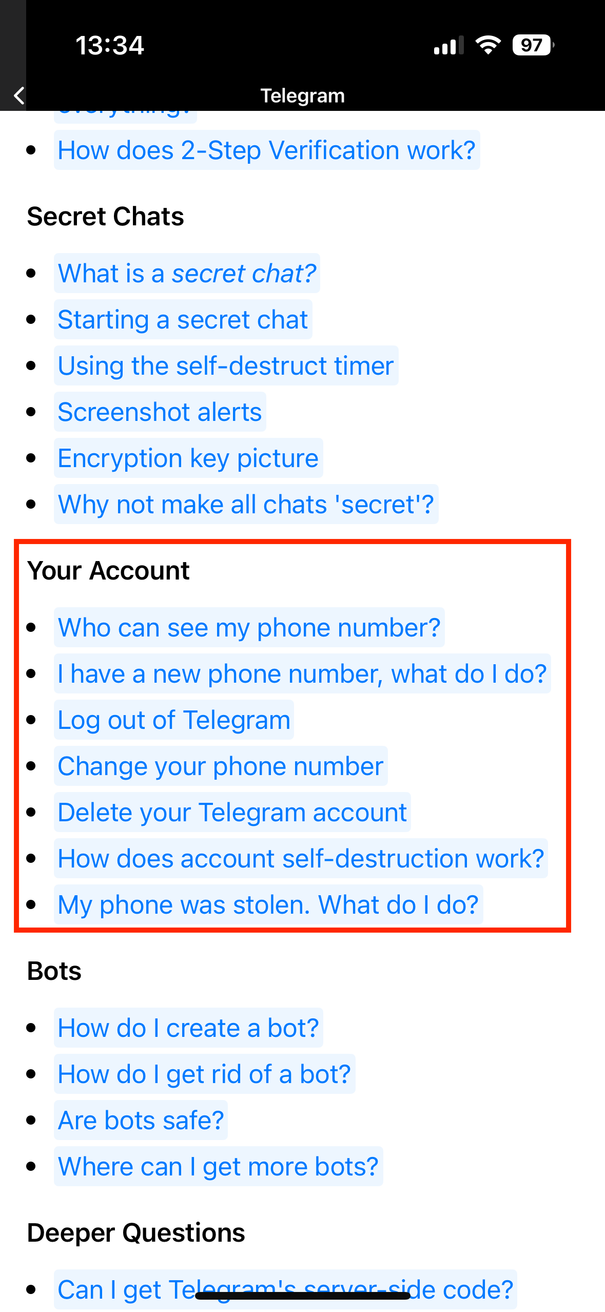 Telegram app FAQ section with “Your Account” Image: Telegram app FAQ section with “Your Account”
