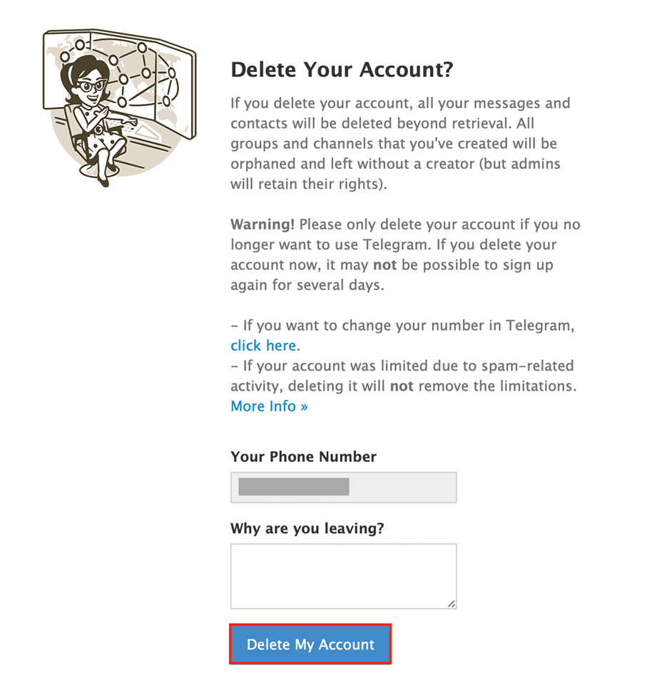 Delete your Telegram account in the browser Image: Delete your Telegram account in the browser