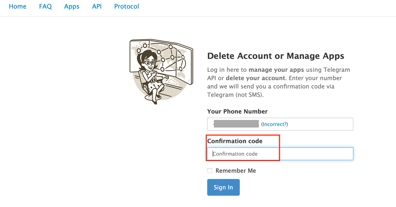 In the browser: Enter the confirmation code on the Telegram website. Image: In the browser: Enter the confirmation code on the Telegram website.