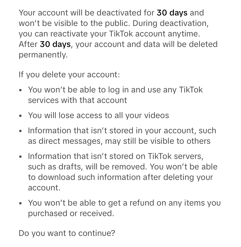 Information about deleting a TikTok account Information about deleting a TikTok account