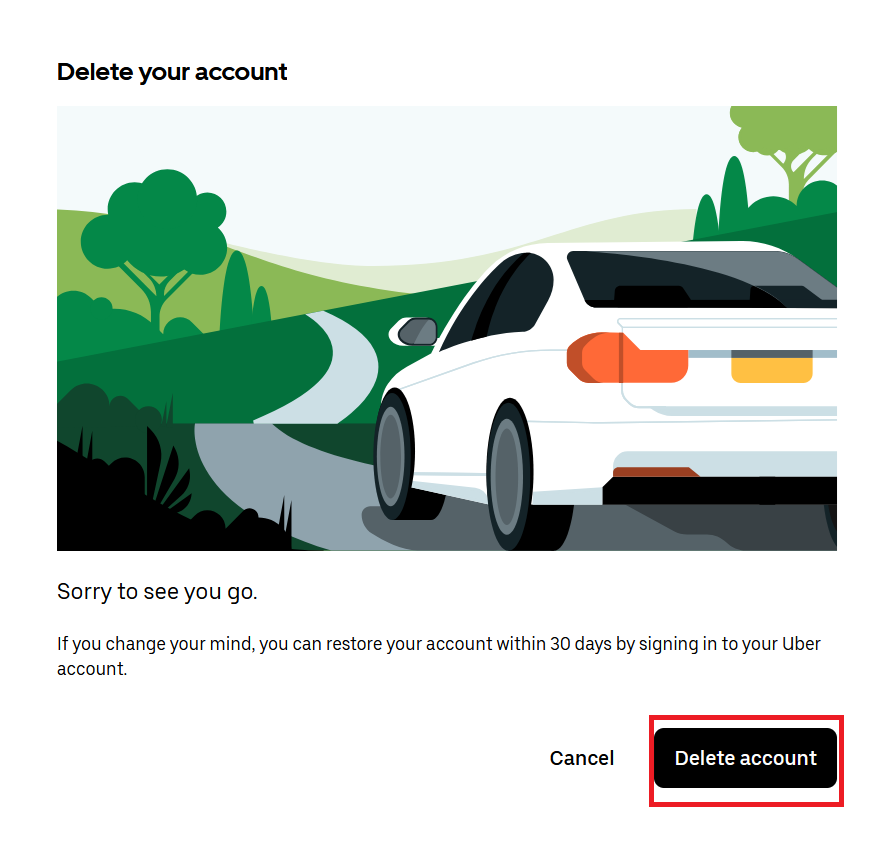 Screenshot of the account deletion on the Uber website Screenshot of the account deletion on the Uber website