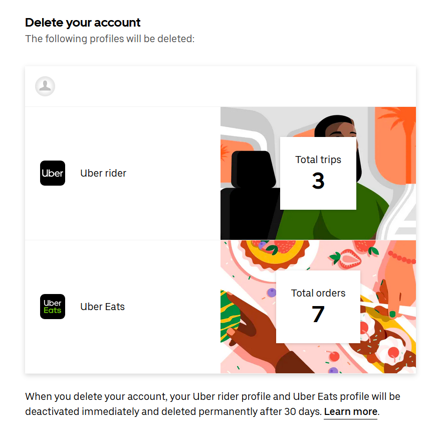 Screenshot showing which Uber accounts will be deleted on the website Screenshot showing which Uber accounts will be deleted on the website