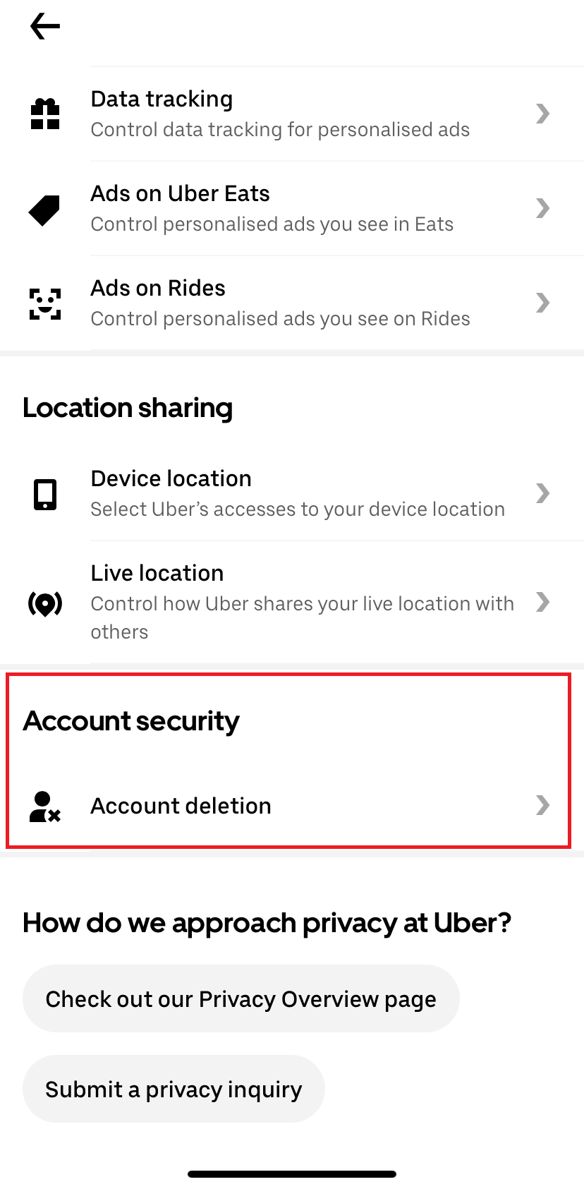 Screenshot of the delete option in the Uber app Screenshot of the delete option in the Uber app