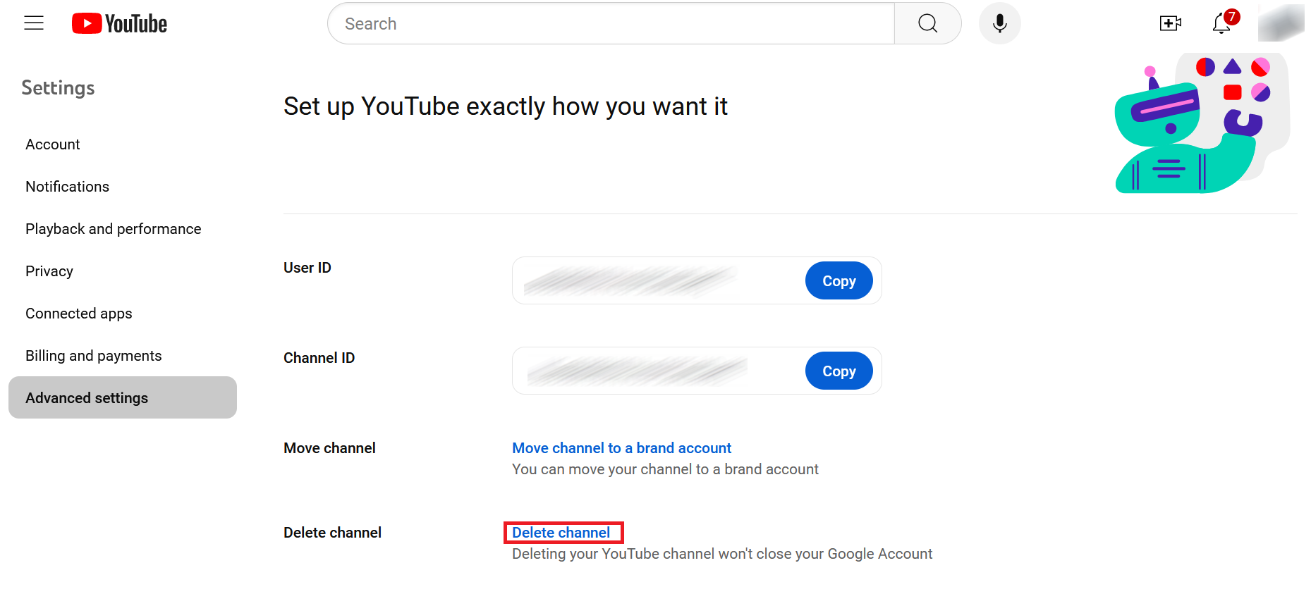 “Delete channel” in “Advanced settings” in YouTube Image: “Delete channel” in “Advanced settings” in YouTube