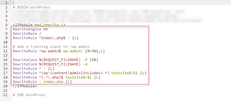 The new .htaccess file with the replacement code from the WordPress backend The new .htaccess file with the replacement code from the WordPress backend