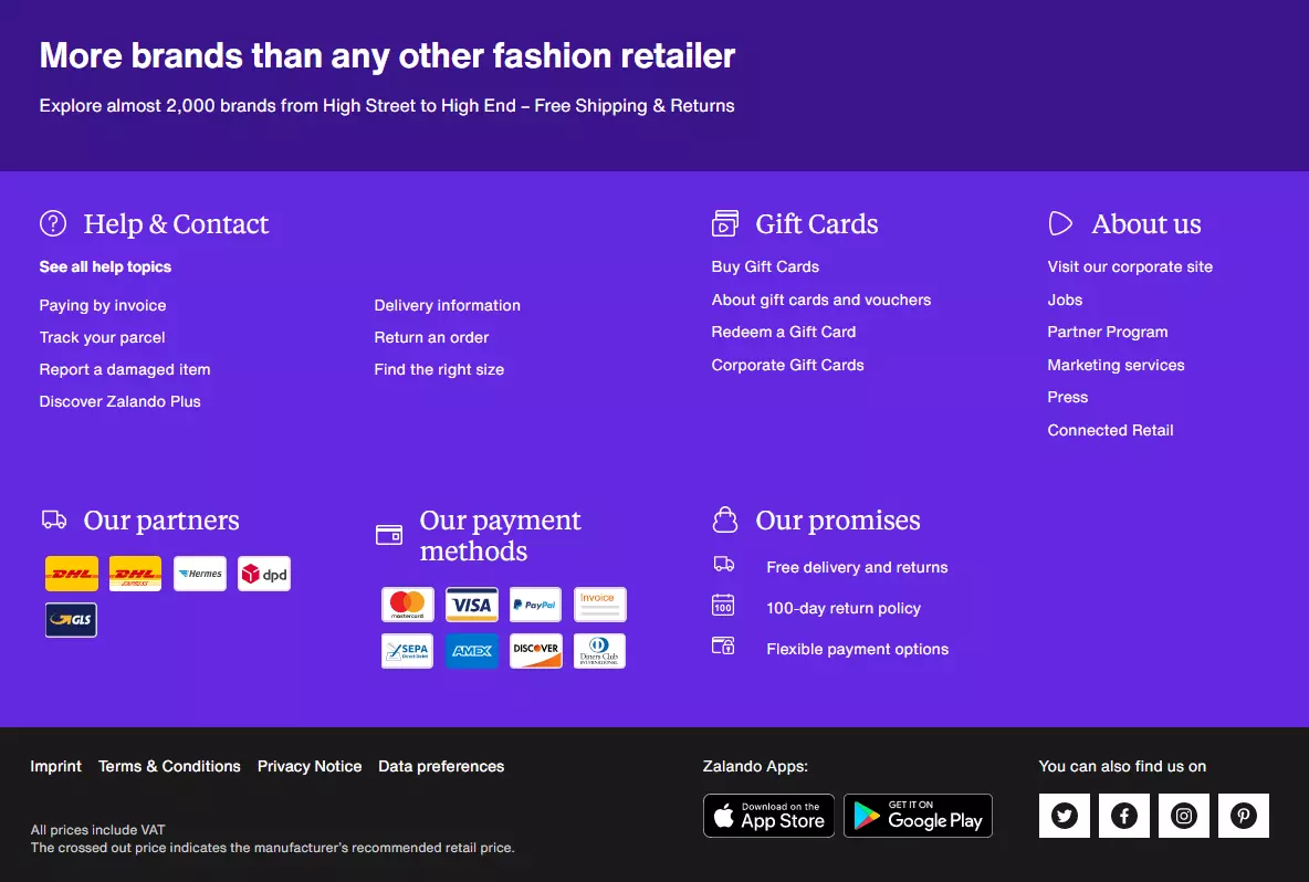 Website footer: Best Practice Zalando.com