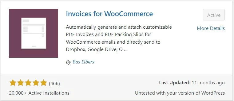 Image: Screenshot of Invoices for WooCommerce in WordPress