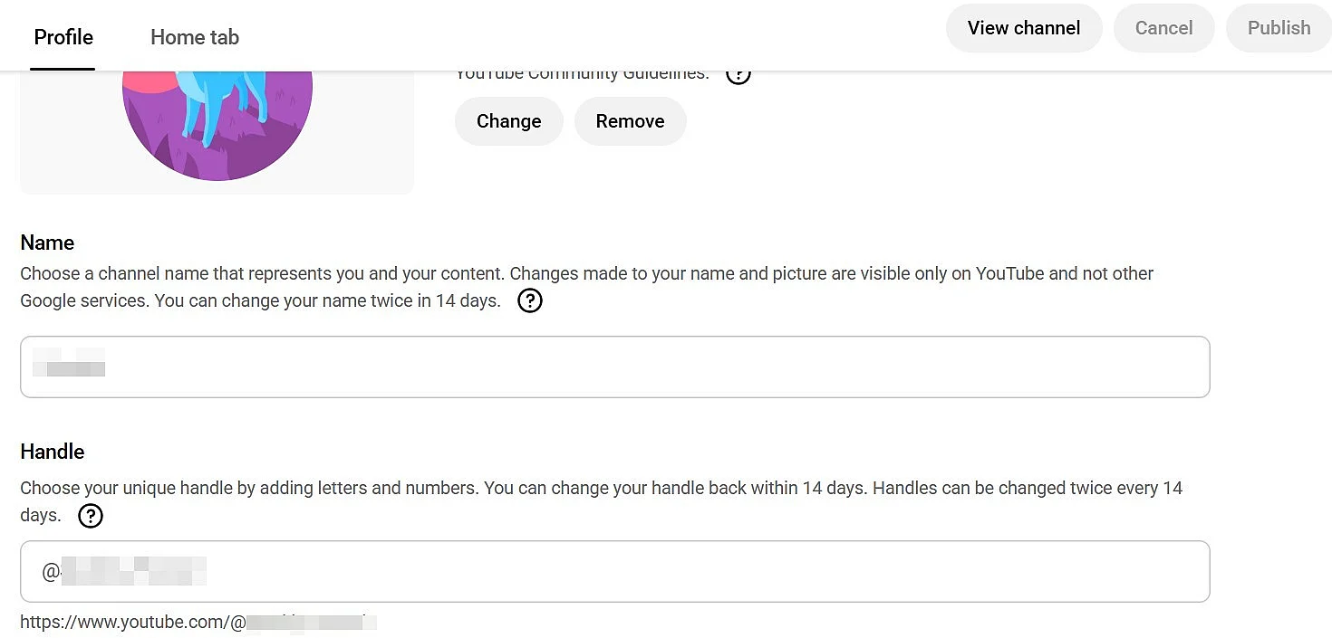Image: YouTube channel: change name