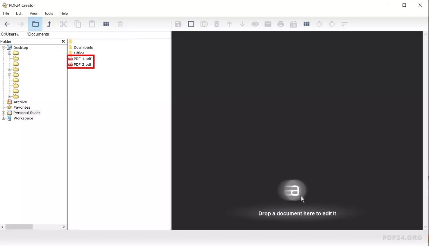 Image: Combining PDFs with PDF24 Creator: Import