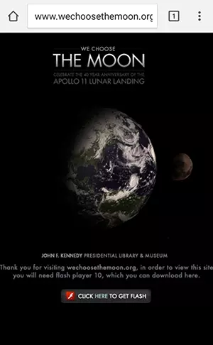 Image: mobile screenshot of a Flash-based website commemorating the first moon landing