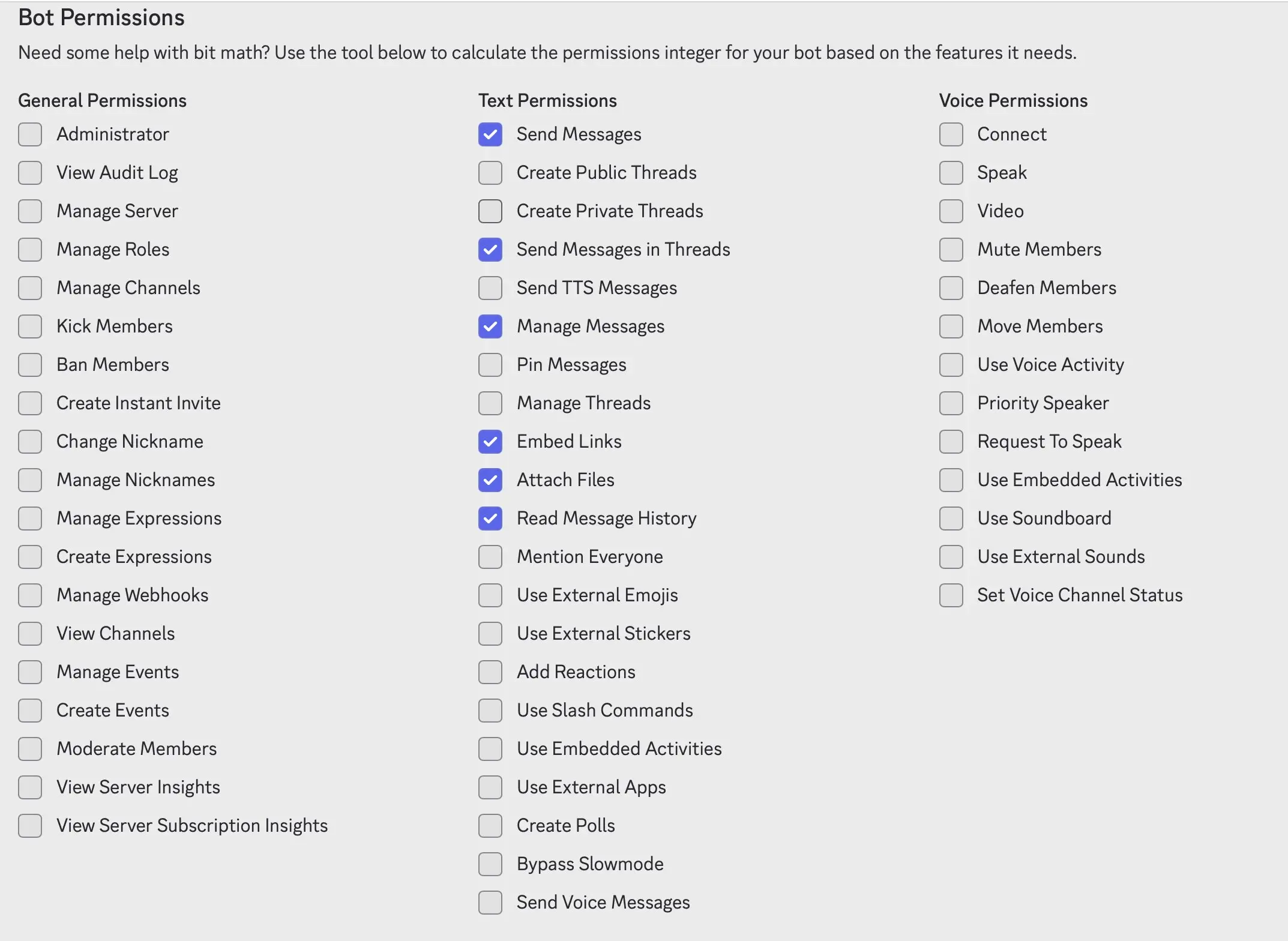 Discord Developer Portal: Bot Permissions Image: Discord Developer Portal: Bot Permissions