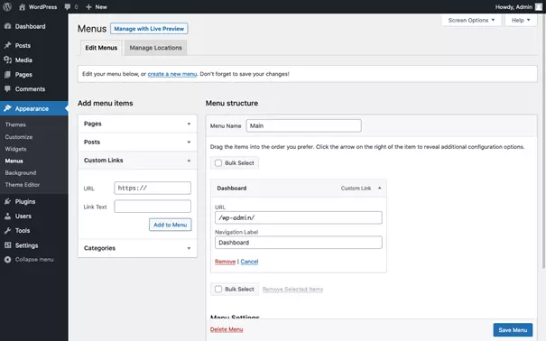 Image: Include custom link to WordPress dashboard in the menu