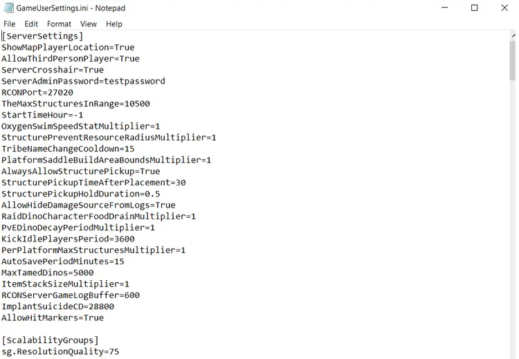 Contents of the configuration file GameUserSettings.ini Contents of the configuration file GameUserSettings.ini