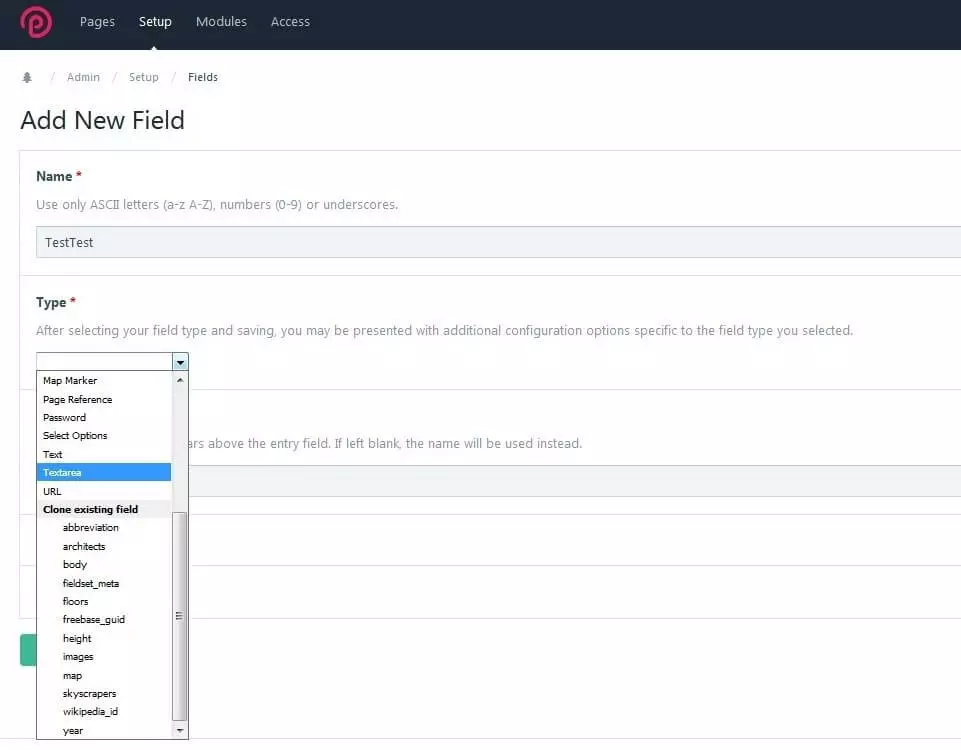 Image: The new field “TestTest,” with “Textarea” selected in the list