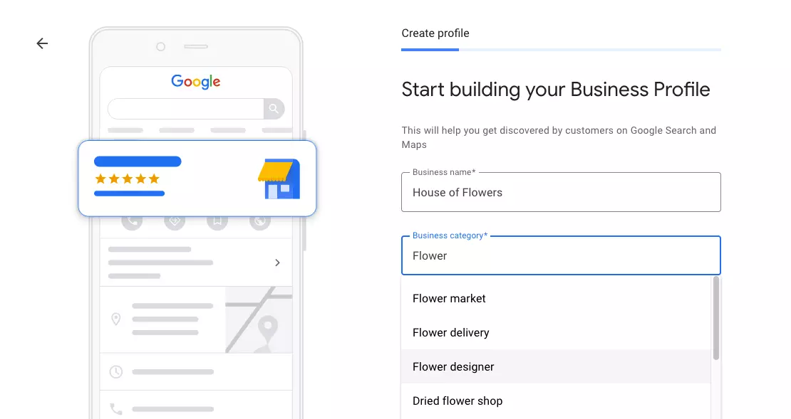 Image: Register Google My Business: select name and business category