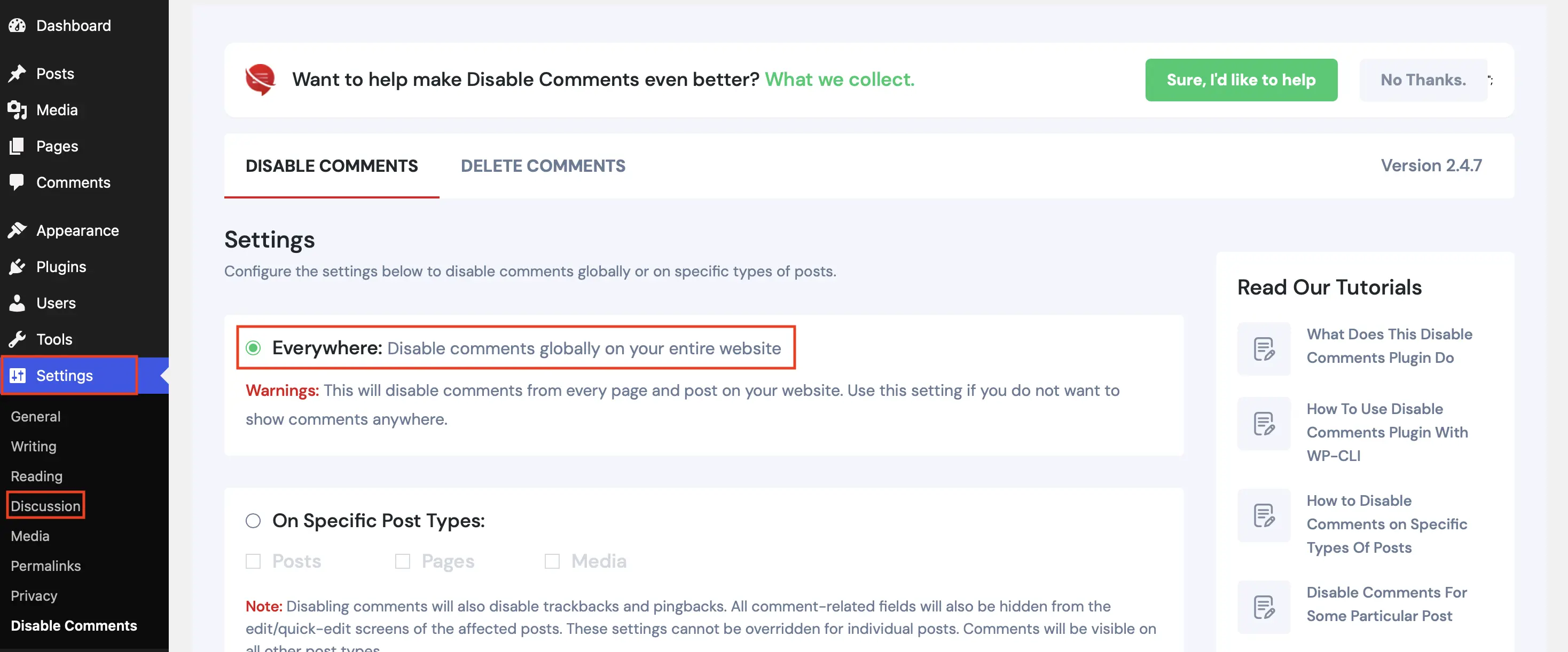 Image: Backend of the “Disable Comments” plugin with settings for turning off comments