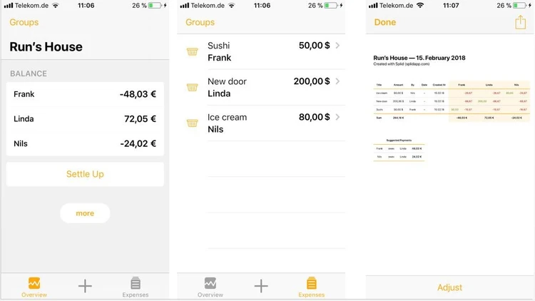 Screenshots from Splid: Groups – Expenses – Overview and Suggested Payments Screenshots from Splid: Groups – Expenses – Overview and Suggested Payments