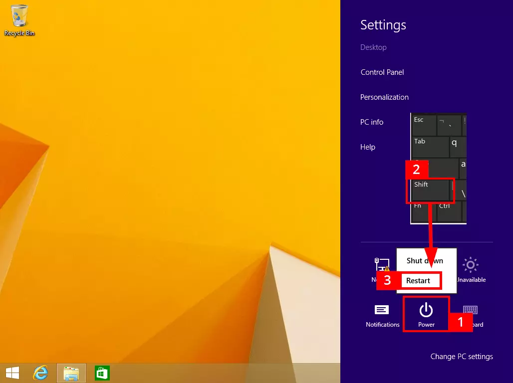 Image: Starting safe mode in the Charms bar of Windows 8