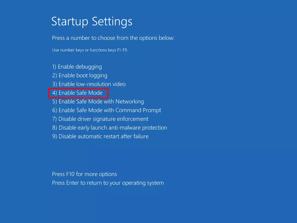 Image: Windows 8 system recovery: startup settings for safe mode