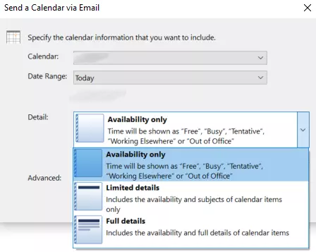 Outlook: Select the level of detail in the “Send a Calendar via Email” dialog box Outlook: Select the level of detail in the “Send a Calendar via Email” dialog box