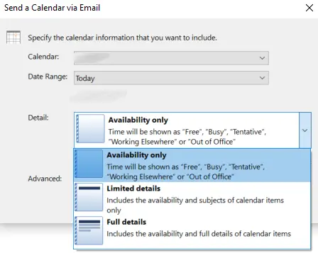 Outlook: Select the level of detail in the “Send a Calendar via Email” dialog box Image: Outlook: Select the level of detail in the “Send a Calendar via Email” dialog box