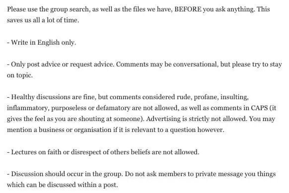 Screenshot: Example of netiquette in a Facebook group Screenshot: Example of netiquette in a Facebook group