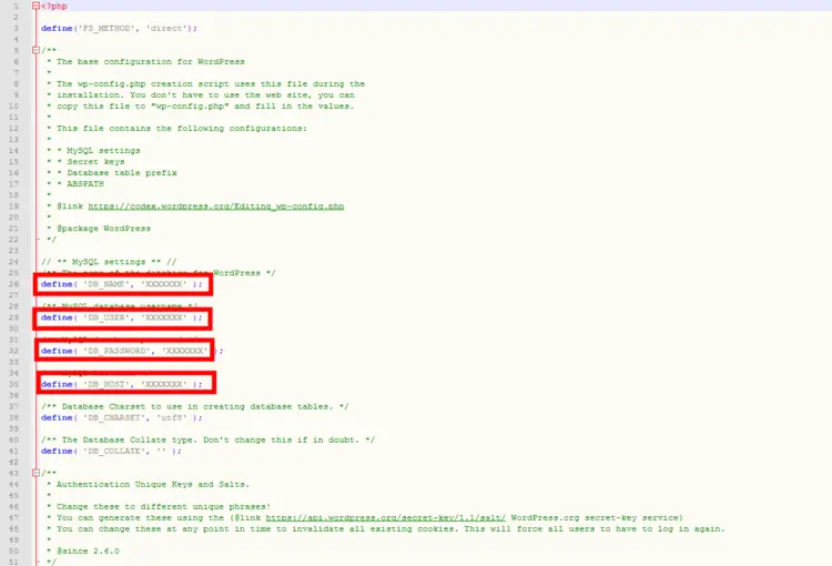 Contents of the wp-config.php file Contents of the wp-config.php file