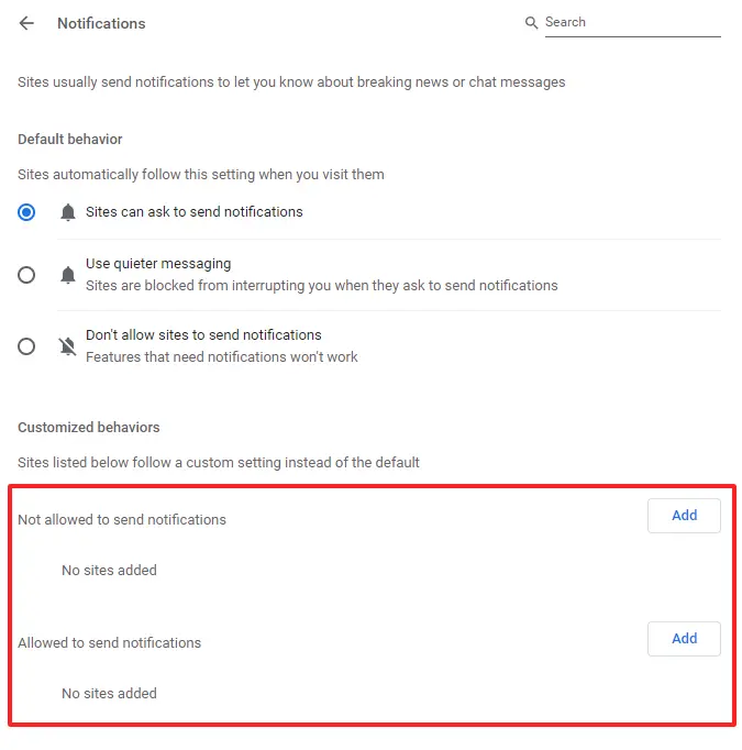 Screenshot of “Notifications” page in the settings in Chrome Screenshot of “Notifications” page in the settings in Chrome