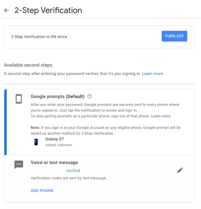 Image: Google Account, “2-step verification” overview