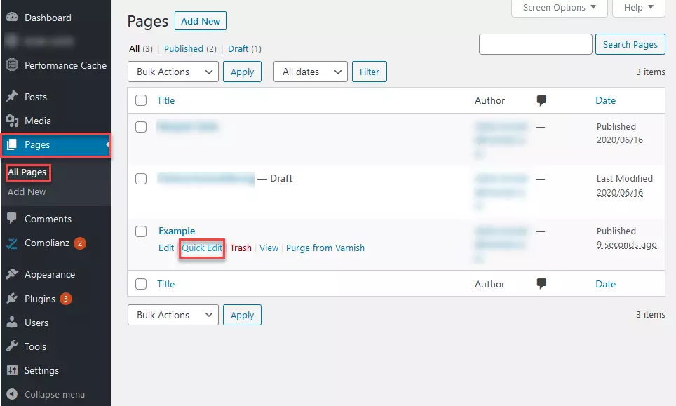 Image: “All Pages” screen in the WordPress backend with the “Quick Edit” button outlined in red
