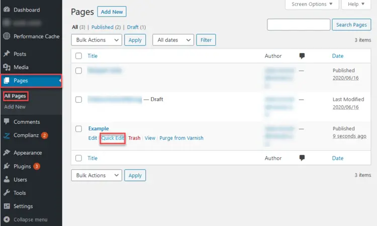 “All Pages” screen in the WordPress backend with the “Quick Edit” button outlined in red “All Pages” screen in the WordPress backend with the “Quick Edit” button outlined in red