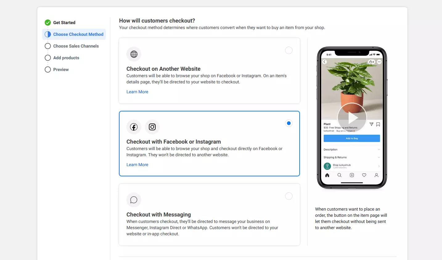 Image: Facebook Commerce Manager: selecting how purchases are to be completed