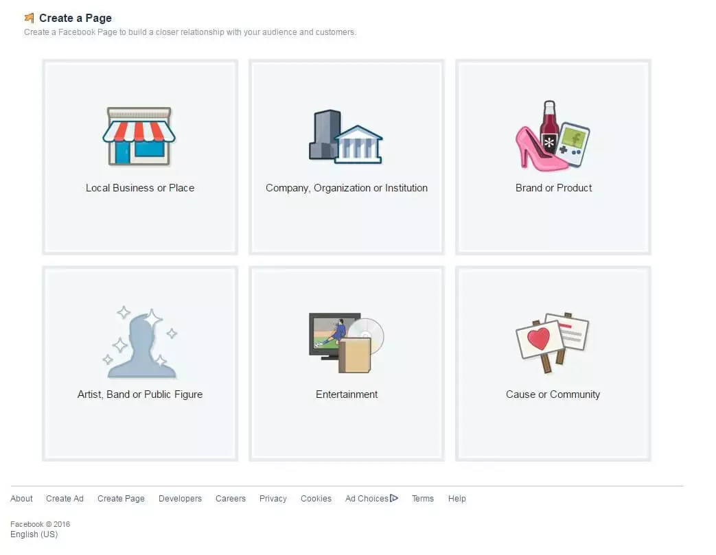 ‘Create a page’ on Facebook 