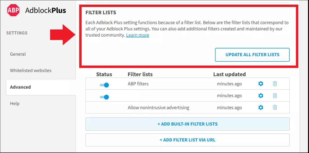 Image: Filter lists for blocked ads in Adblock Plus