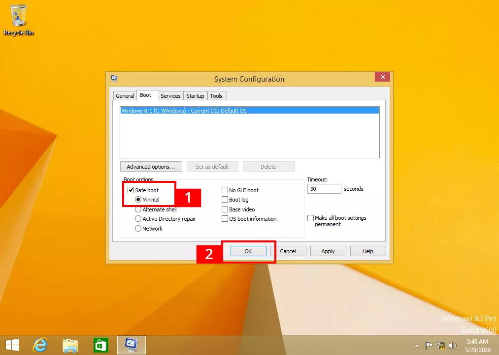 Image: Select safe mode in the Windows 8 system configuration