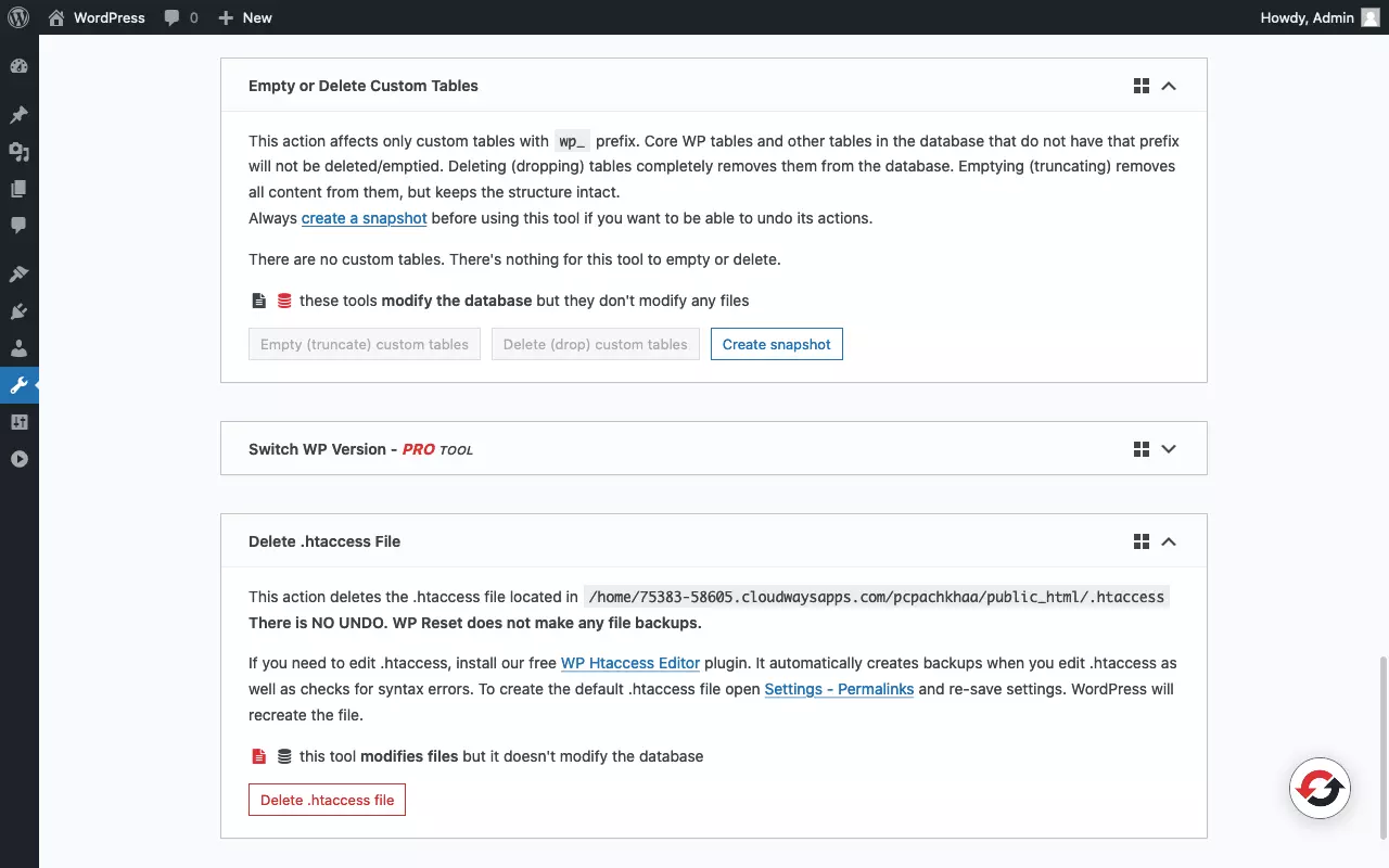 Image: Screenshot of the tools page of the “WP Reset” plugin (3/3)