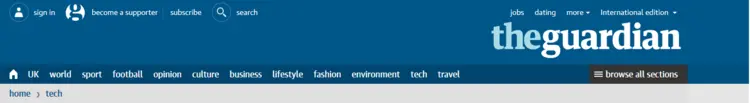 Screenshot of the navigation element on www.theguardian.com Screenshot of the navigation element on www.theguardian.com