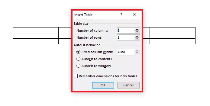 Image: Feature for creating Word tables